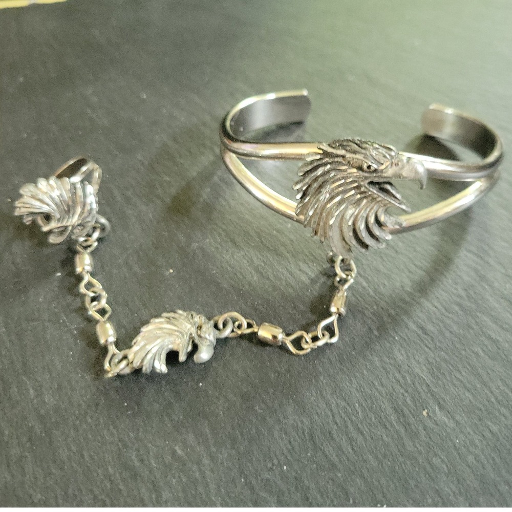 Vintage 1995 JJC Eagle Head Slave Bracelet Cuff Ring Set Silver Tone Biker 90s